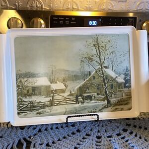 Vintage Waverly Products Winter Snow Farm Home Scene White Serving Drink Tray